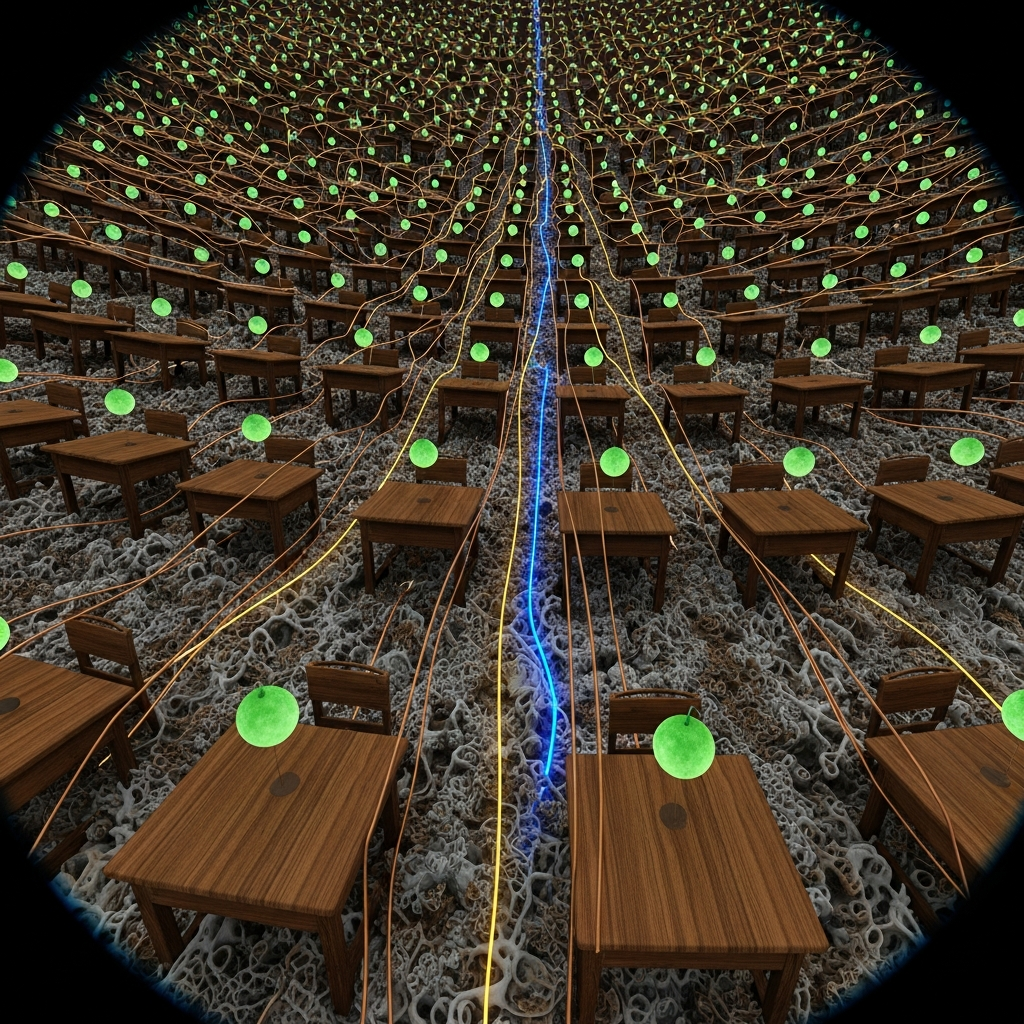 Dream: The Stadium of Desks — mycelium desks multiplying mitotically under green seed-lights