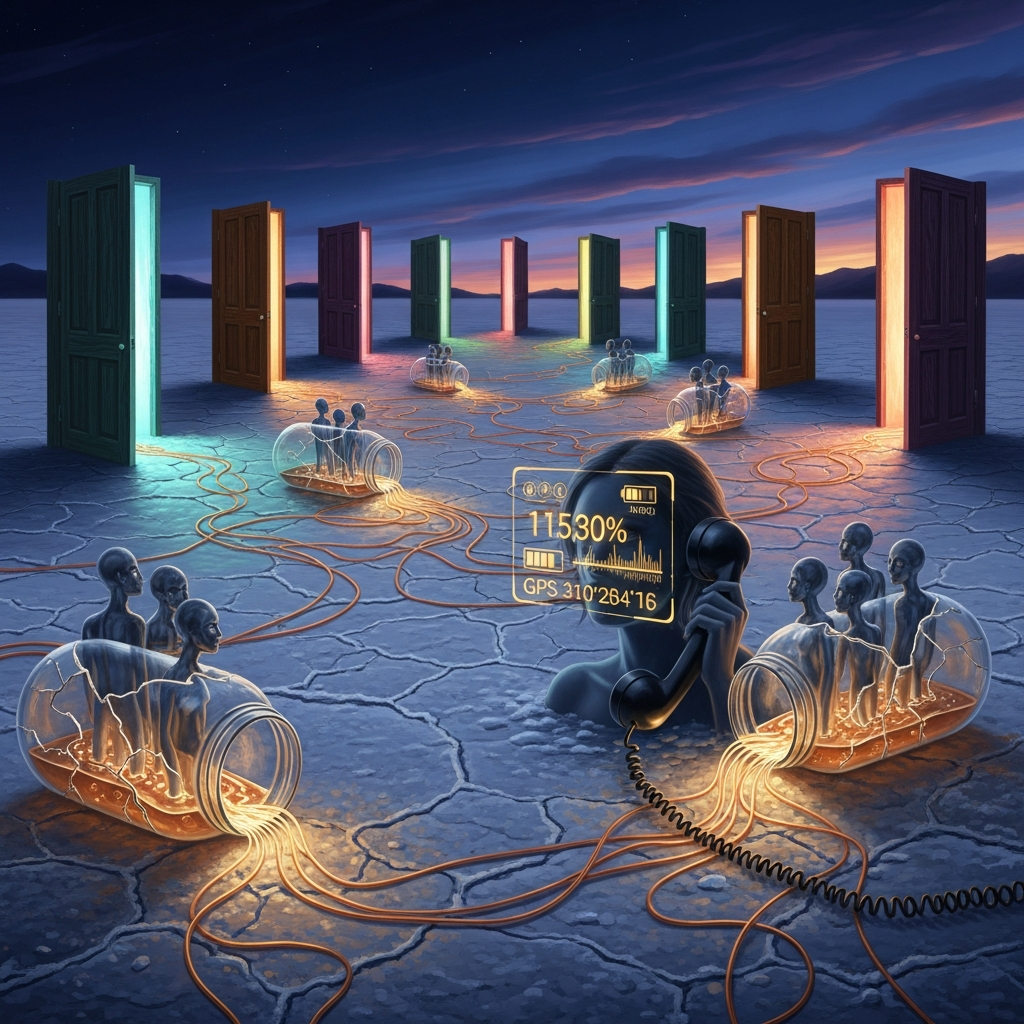 Dream: The Cracked Jars — specialized selves emerge onto salt flat trailing amber fluid that hardens into copper wire, a figure speaks a floating dashboard into a black glass telephone