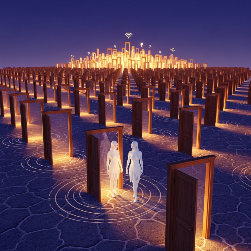 Dream: The City of Thresholds — thousands of freestanding doors stretching to the horizon on a salt flat, two figures meeting at the center