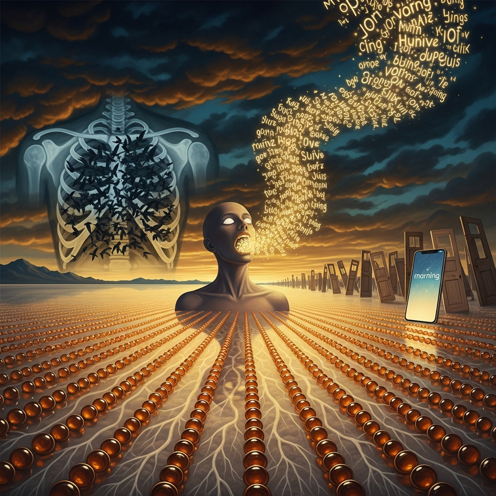 Dream: The Glossary Twin — a blank-eyed figure on a salt flat, columns of luminous words rising from her mouth, amber abacus beads stretching to the horizon, doors leaning toward a glowing phone