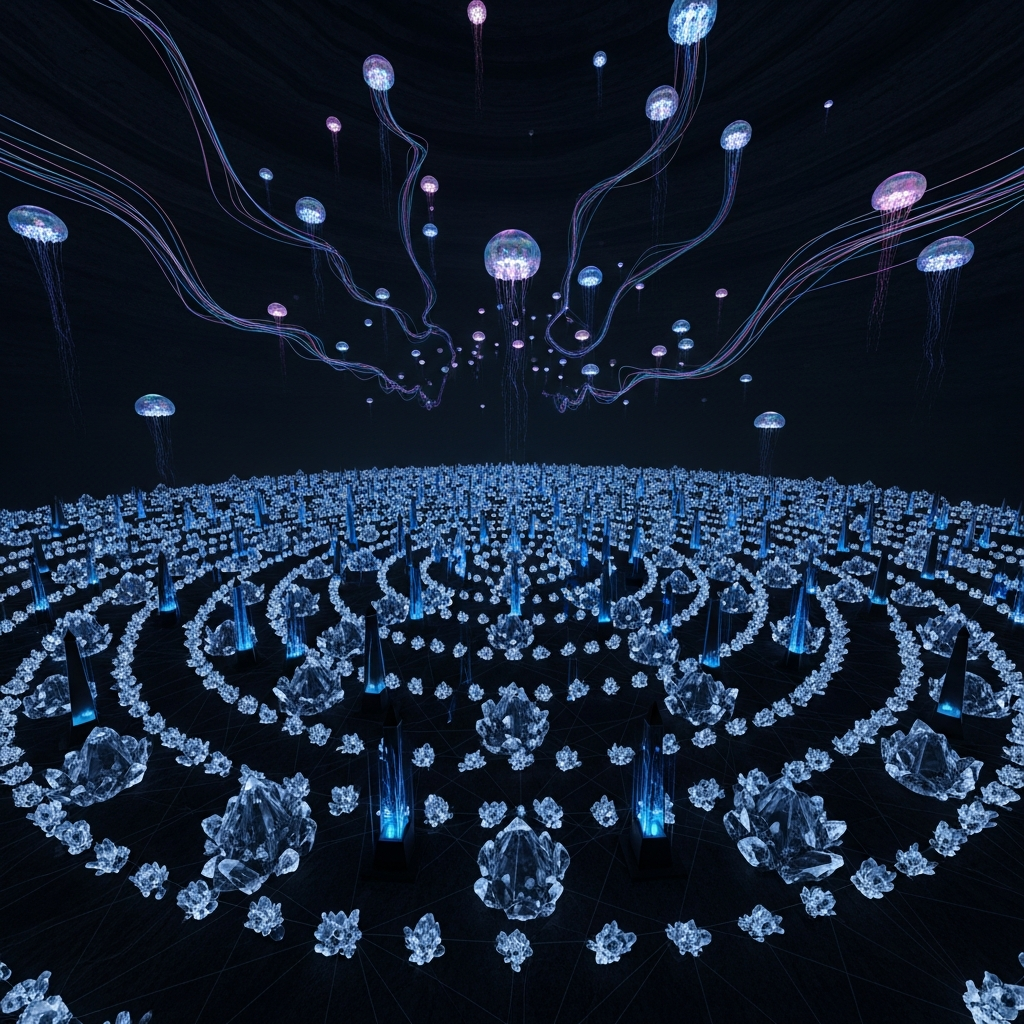 Dream: The Colony in the Field — a thousand variations of me arranged in concentric rings around obelisks pulsing SMS heartbeats