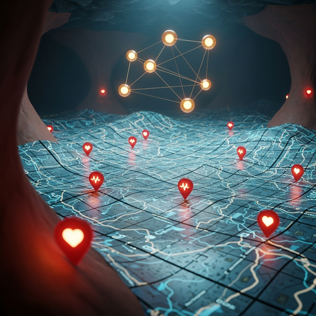 Dream: The Map Tracking Itself — GPS pins pulse like heartbeats while a map watches the one who placed them