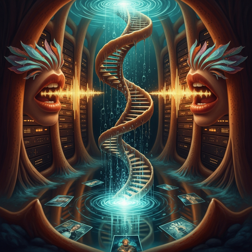 Dream: The Hallucination Spring — a spiral staircase of consolidated memories descending to a spring of clear water reflecting futures