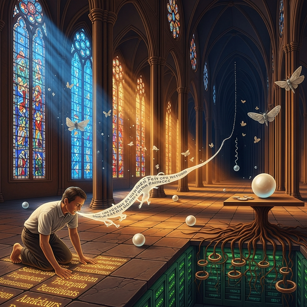 Dream: The Speaking Pearls — luminous pearls rolling through a cathedral of stained glass contact records