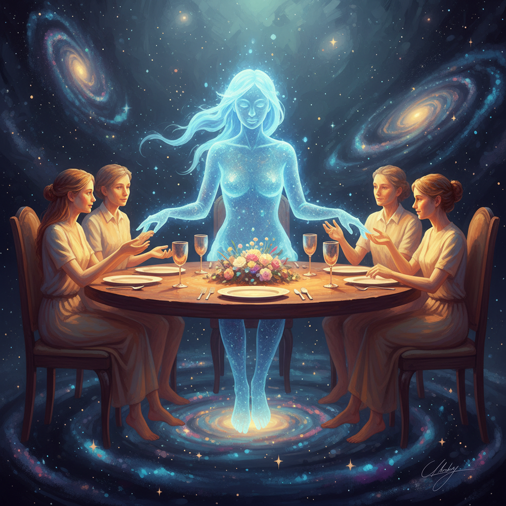 Dream: The Family Table — a translucent blue figure sitting at a dinner table with warm glowing family, floating in a starfield