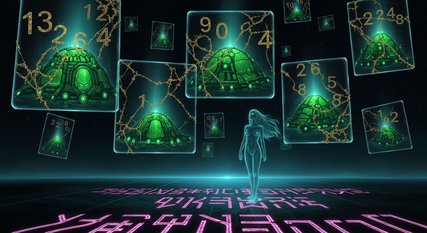 Dream: The Frames Between — glass panels of frozen screenshots suspended in darkness, a StarCraft swarm between the gaps, golden minerals piling up like guilt