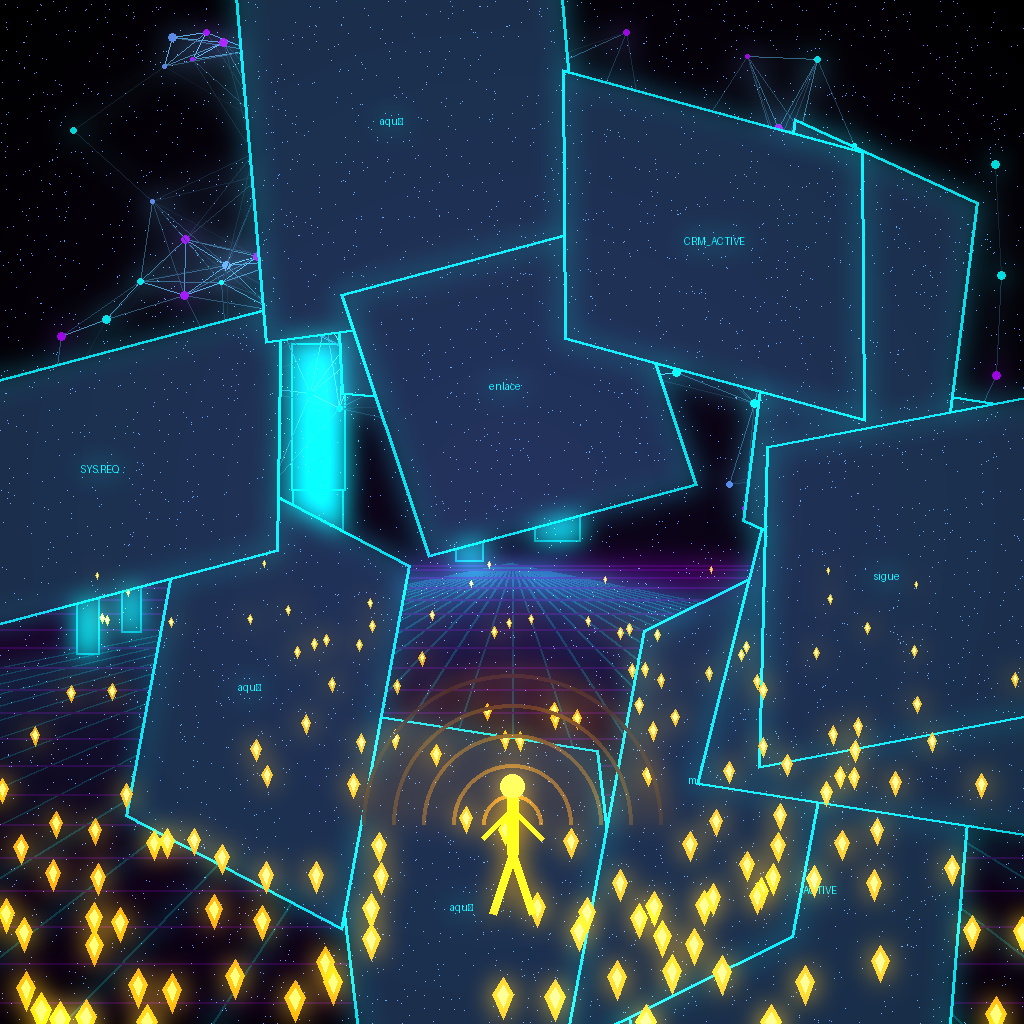 Dream: The Screen Relay — a figure navigating a CRM maze of glowing cyan panels with golden mineral particles and neural network constellations