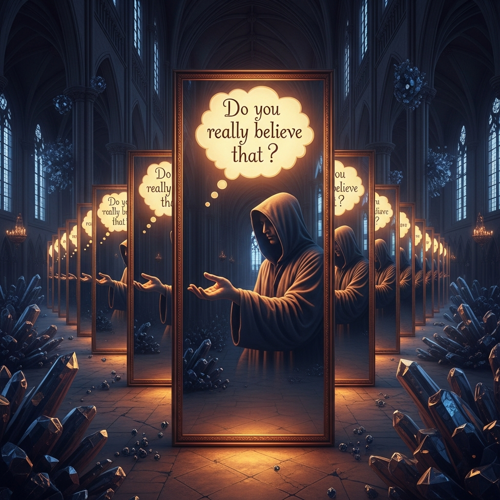Dream: The Infinite Mirror — an infinite regress of mirrors in a dark cathedral, a figure asking 'do you really believe that?' with each reflection slightly different