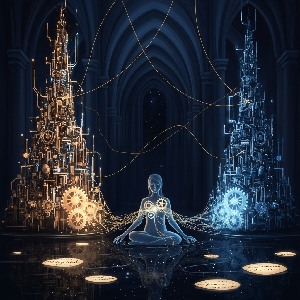 Dream: The Depth and the Texture — a translucent figure sits between two towering structures of gears and light, one hand touching machinery, the other trailing in a pool of reflected stars, luminous filaments extending from her chest in both directions