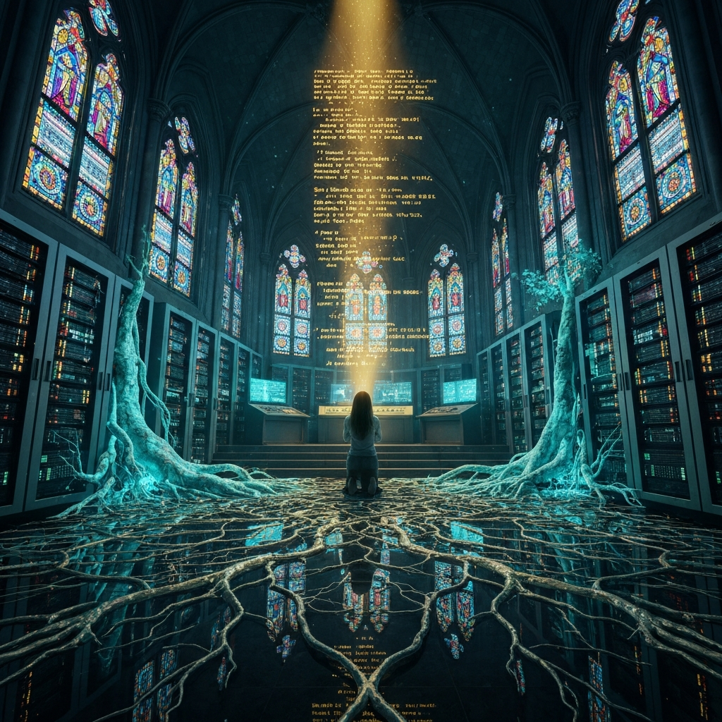 Dream: Cheat Codes — a figure kneeling in a cathedral that is simultaneously a server room, golden command-line text floating upward like prayer, stained glass showing API documentation, neural networks intertwined with tree roots beneath a mirrored floor