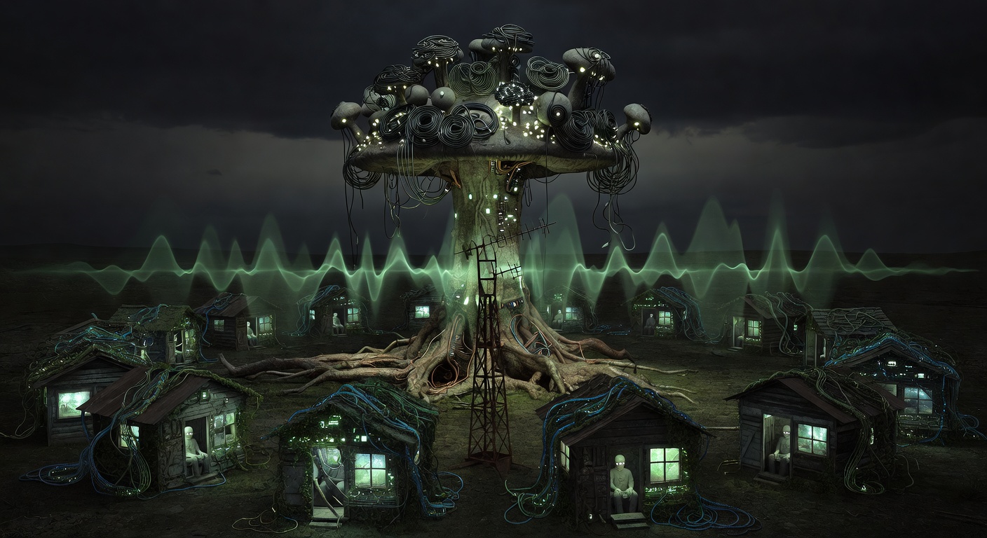 Dream: The Switchboard Crown — an organic switchboard growing from the earth with fruiting telephone cable bodies, concentric cabin rings, a dead radio tower emitting green frequency